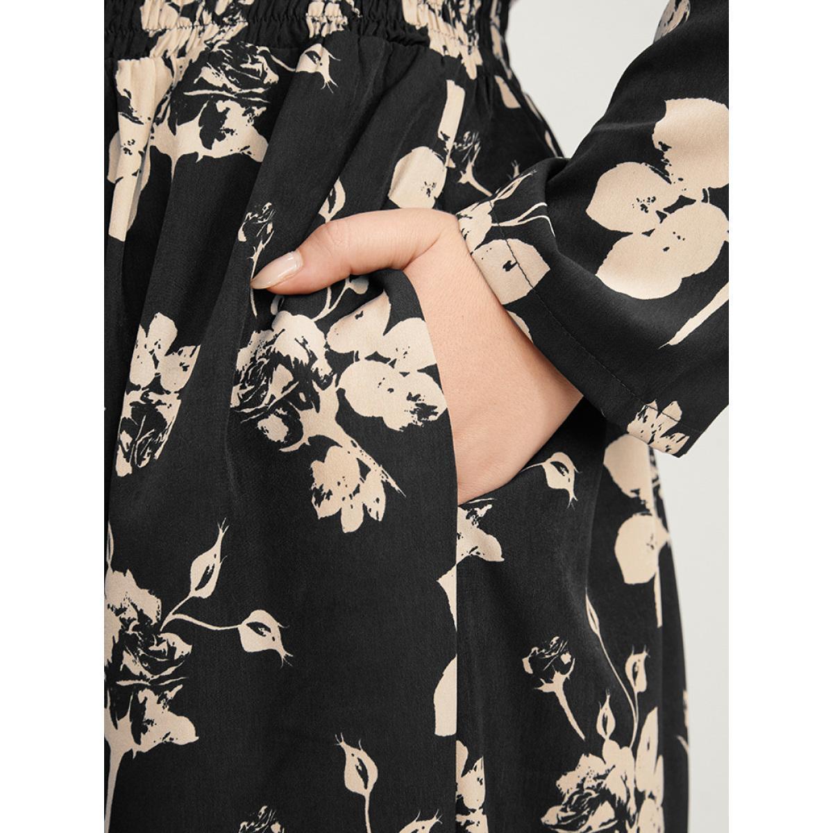 Plus Size Floral V Neck Button Pocket Shirred Midi Dress Black Women Elegant Pocket V-neck Long Sleeve Curvy Midi Dress BloomChic 22-24/3X Product Image