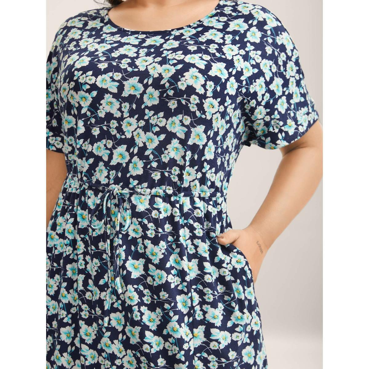 Plus Size Supersoft Ditsy Floral Waist-Tie Midi Dress Navy Women Round Neck Short sleeve Curvy BloomChic 12/L Product Image