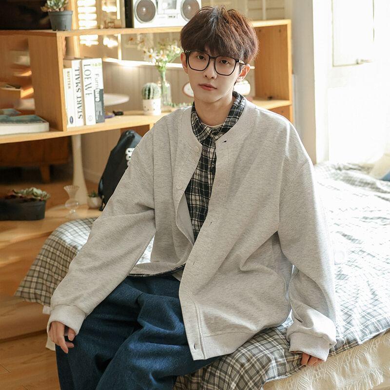 Crew Neck Button-Up Plain Jacket Product Image