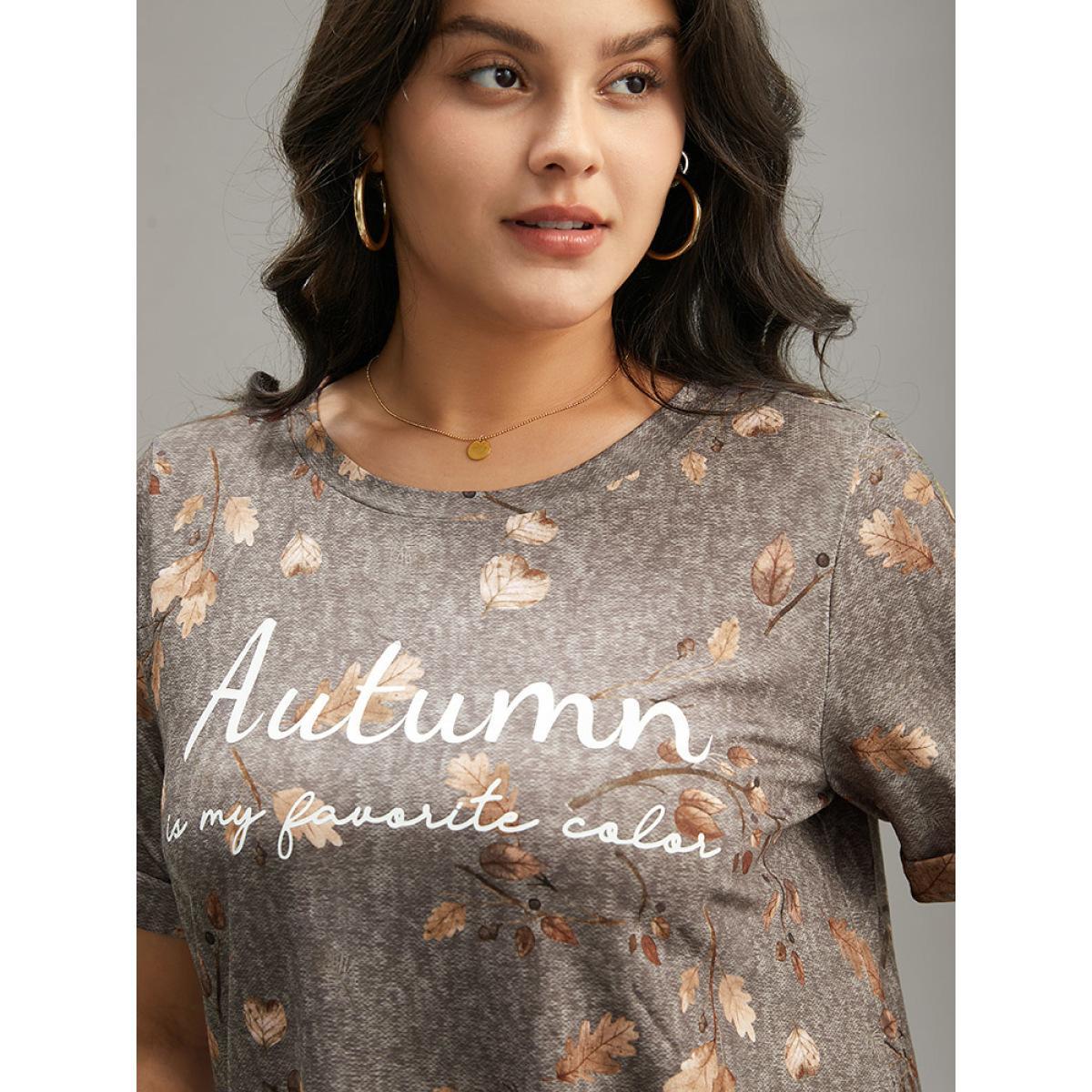 Plus Size Halloween Letter & Plant Print Cuffed Sleeve T-shirt Gray Women Casual Printed Positive slogan Round Neck Festival-Halloween T-shirts BloomChic 18-20/2X Product Image