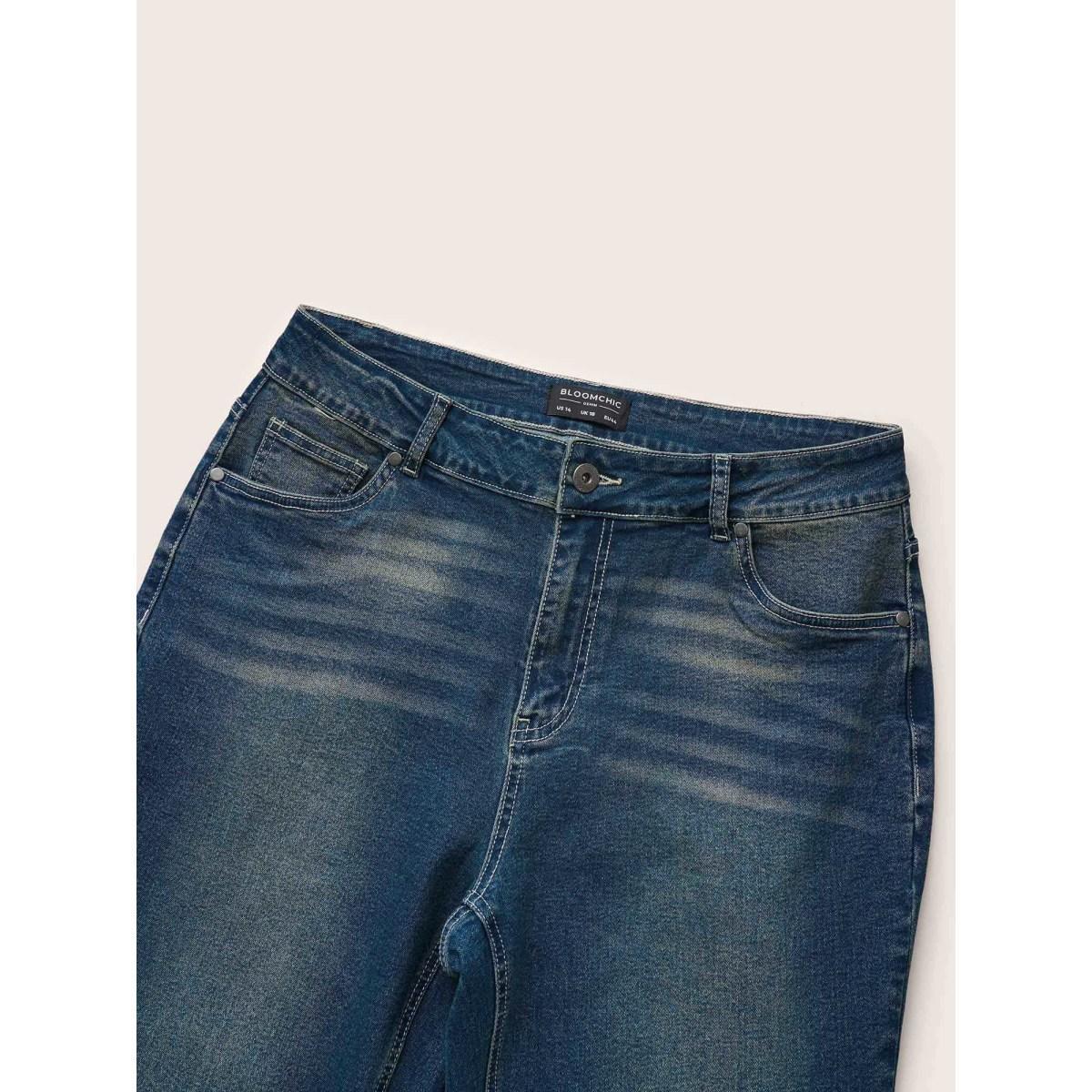 Plus Size Straight Leg Vintage Full Length Jeans Women Aegean Casual Plain Plain High stretch Pocket Jeans BloomChic 12/L Product Image