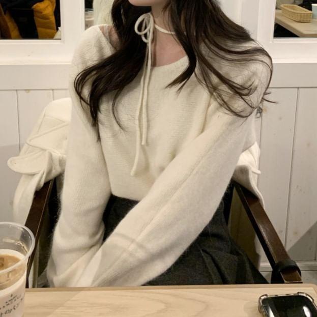 Long Sleeve Halter-Neck Plain Loose-Fit Sweater Product Image