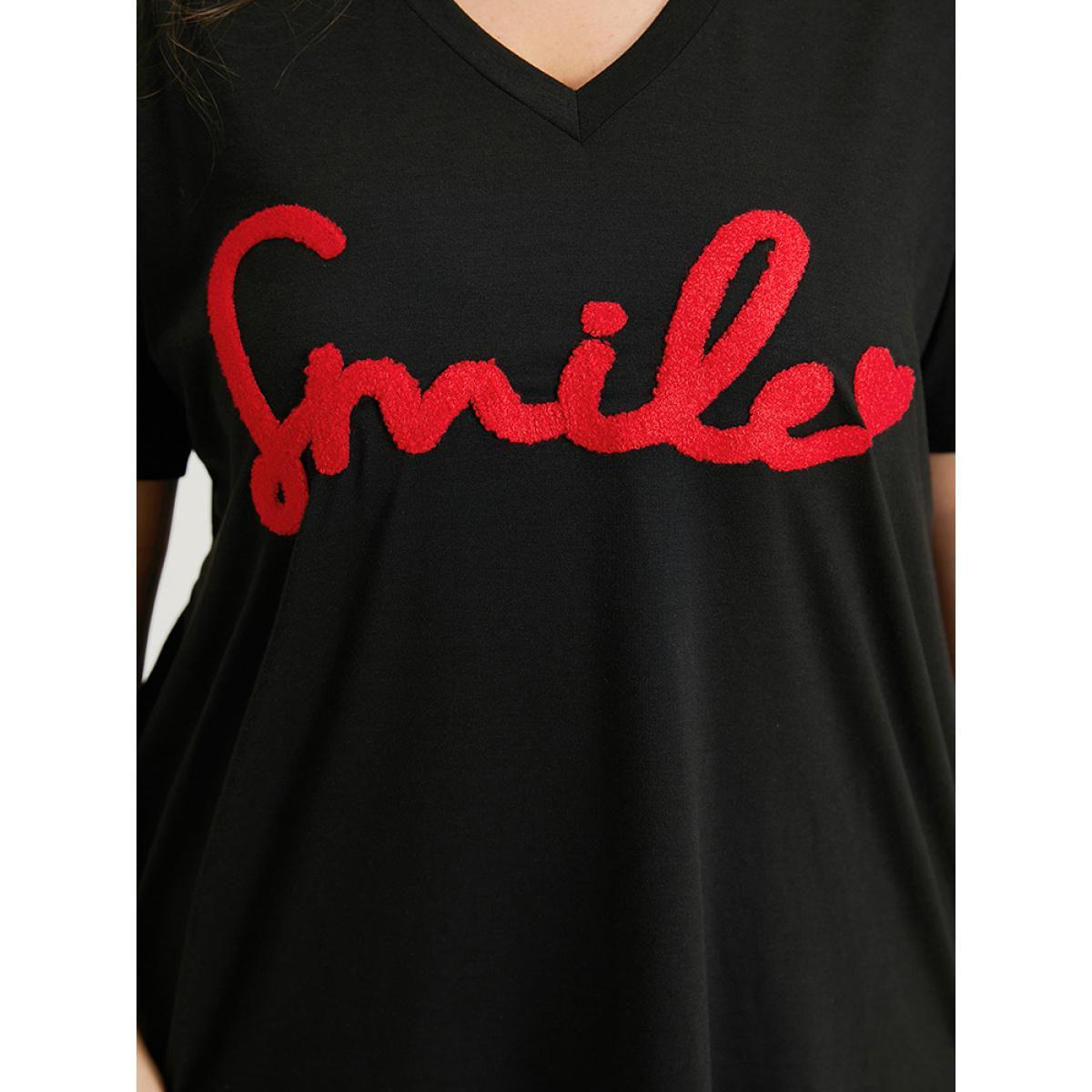 Plus Size Letter Embroidered V Neck T-shirt Black Women Casual Embroidered Letter Dailywear T-shirts BloomChic 30/6X Product Image