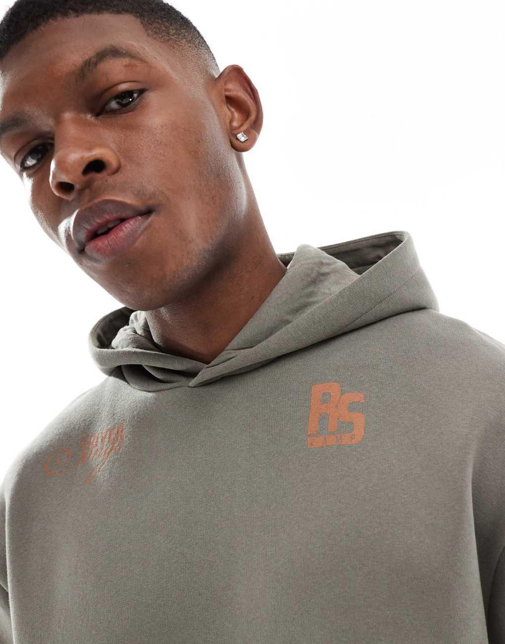 ASOS DESIGN boxy oversized hoodie with print in khaki Product Image