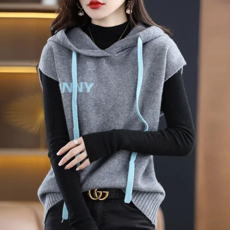 Lettering Print Drawstring Hooded Sweater Vest Product Image