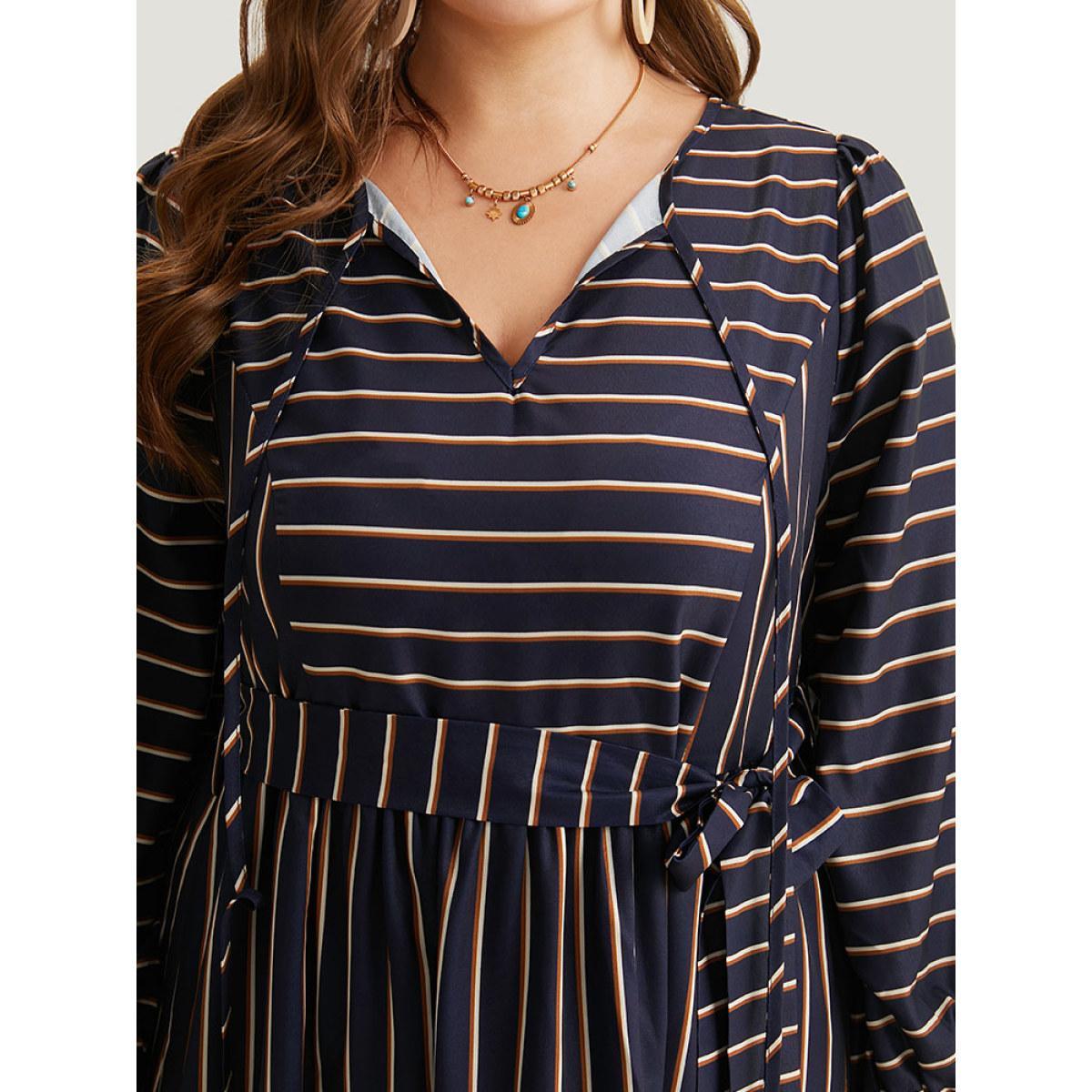 Plus Size Striped Tie Neck Pocket Ties Dress Indigo Women Vacation Elastic cuffs Tie Neck Long Sleeve Curvy Midi Dress BloomChic 22-24/3X Product Image