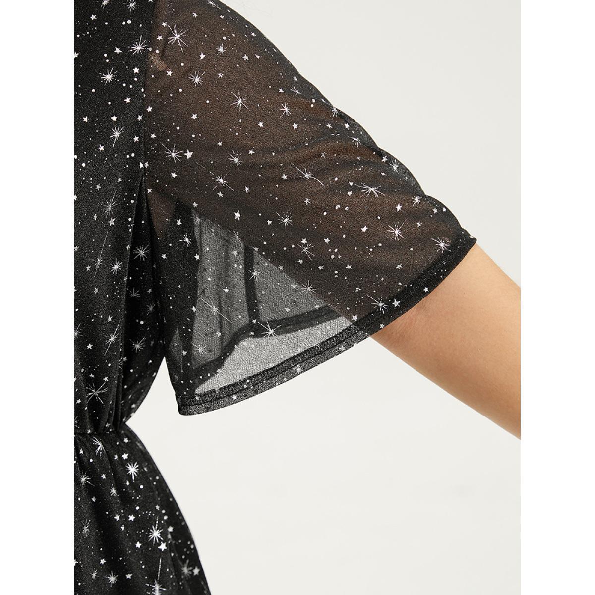 Plus Size Black Halloween Star Glitter Wrap Mesh Flutter Sleeve Blouse Women Elegant Short sleeve V-neck Festival-Halloween Blouses BloomChic 10/M Product Image