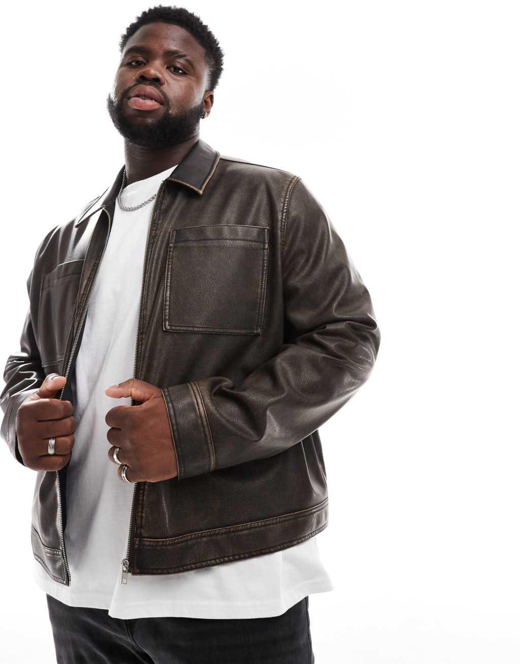 ASOS DESIGN faux leather harrington jacket in washed brown Product Image