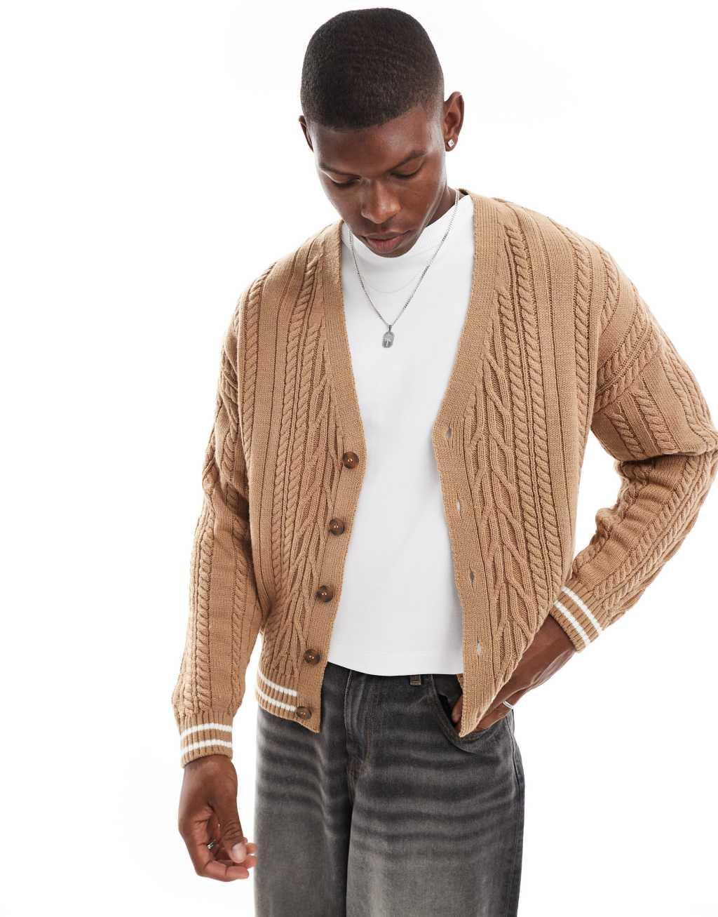 ASOS DESIGN relaxed boxy fit cable knitted cardigan in stone with ecru tipping Product Image