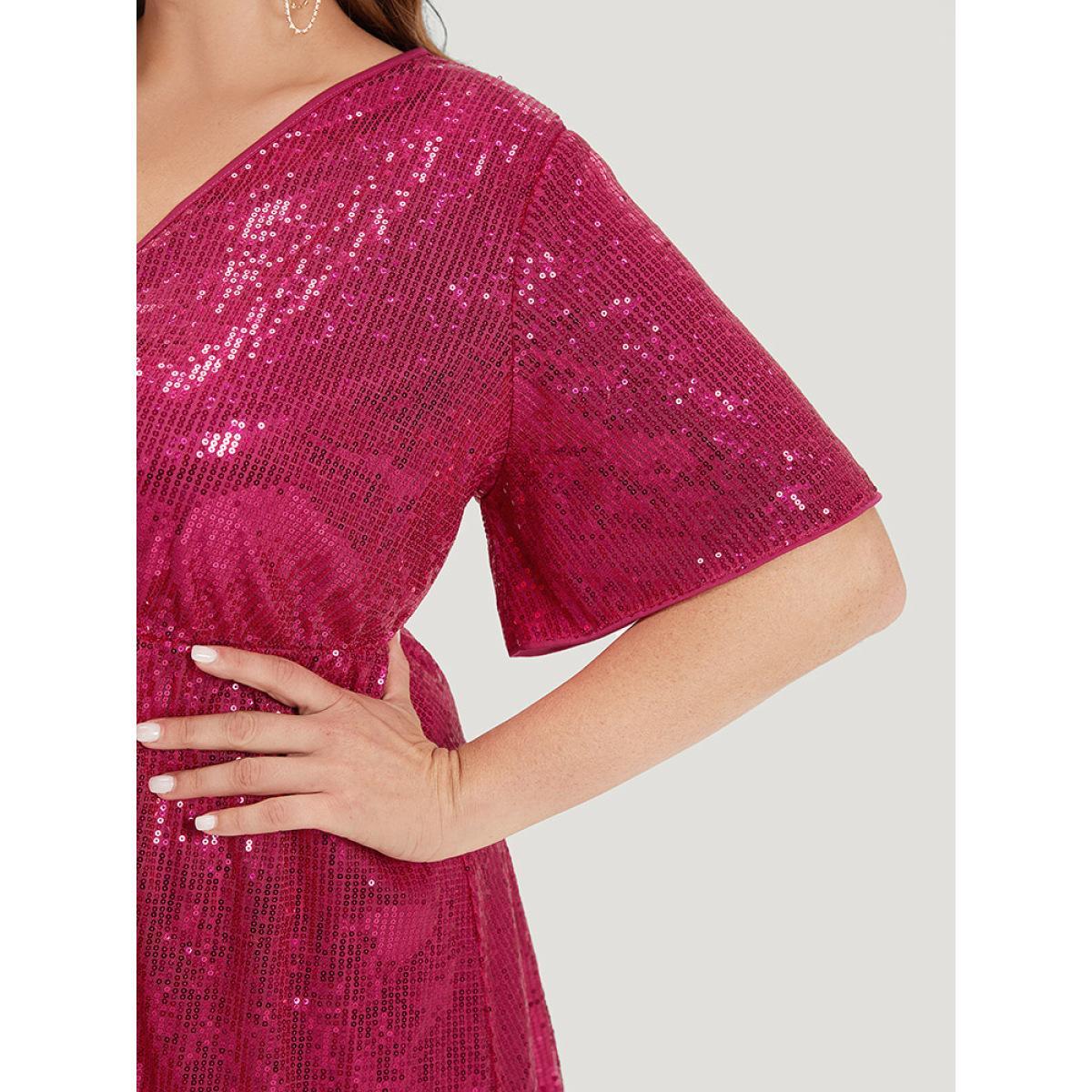 Plus Size Sequin Overlap Collar Elastic Waist Dress RedViolet Women Party Wrap Overlap Collar Short sleeve Curvy Midi Dress BloomChic 28/5X Product Image