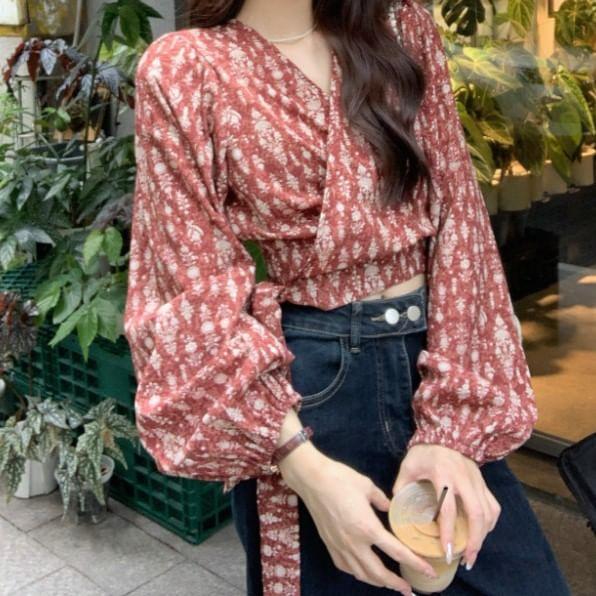 Long Sleeve V-Neck Floral Print Wrap Top Product Image
