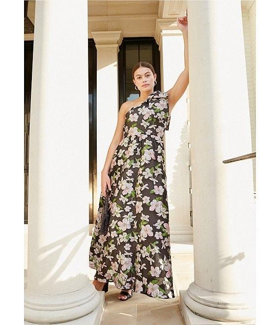 Abbey Glass Caroline Organza Floral Jacquard Asymmetrical Neck Sleeveless Bow One Shoulder Bow Pocketed A-Line Gown Product Image