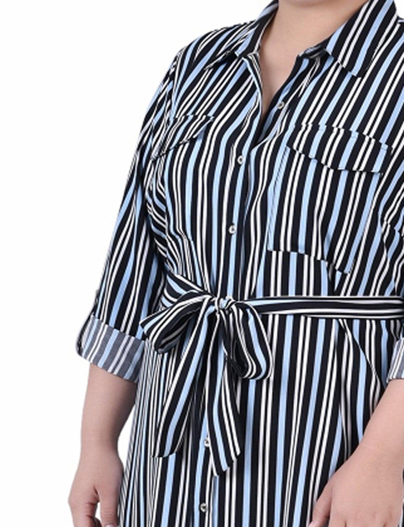 Black Blue Ivory Stripe 3/4 Roll Tab Sleeve Belted Shirtdress - Plus Product Image