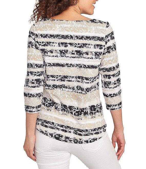 Ruby Rd. Soft Jersey Knit Mixed Floral Watercolor Stripe Boat Neck 3/4 Sleeve Top Product Image