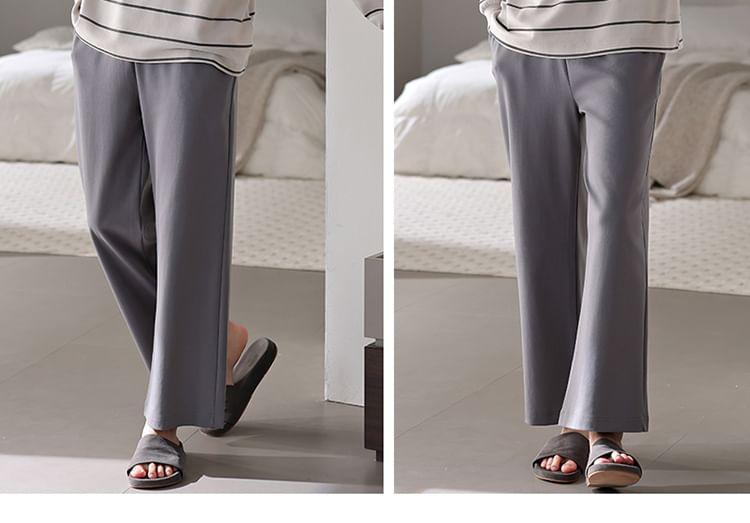 Pajama Set: Long-Sleeve Round Neck Striped Pocket Detail T-Shirt + Plain Pants Product Image
