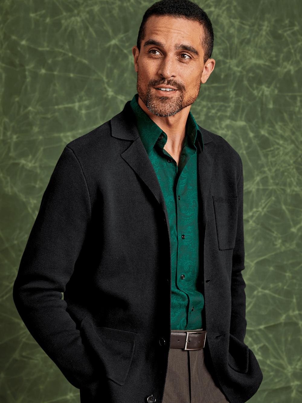 Cotton Notch Lapel Cardigan Sweater - Black Product Image