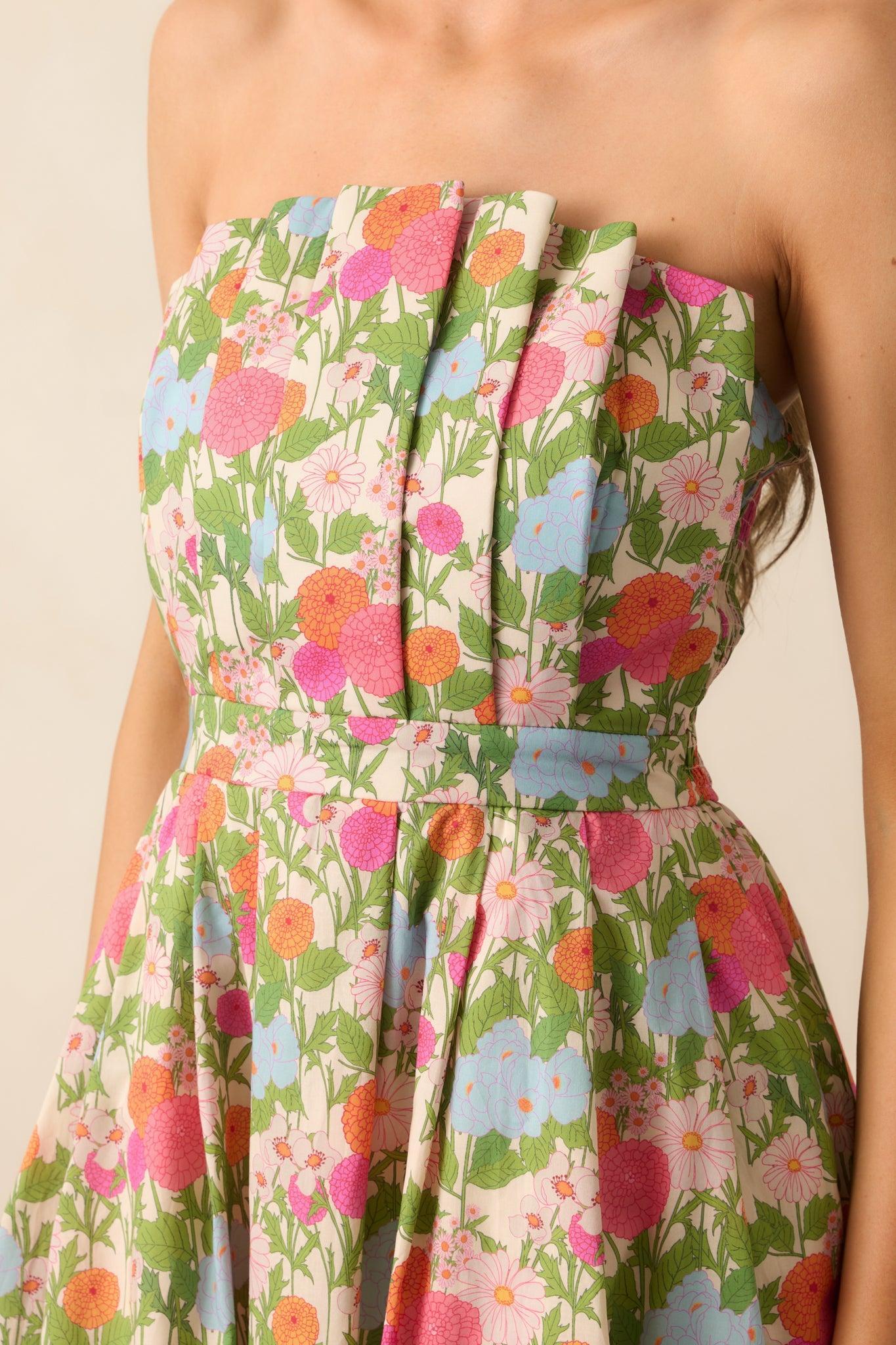 The Genevieve Green Multi Floral Cotton Strapless Midi Dress Product Image