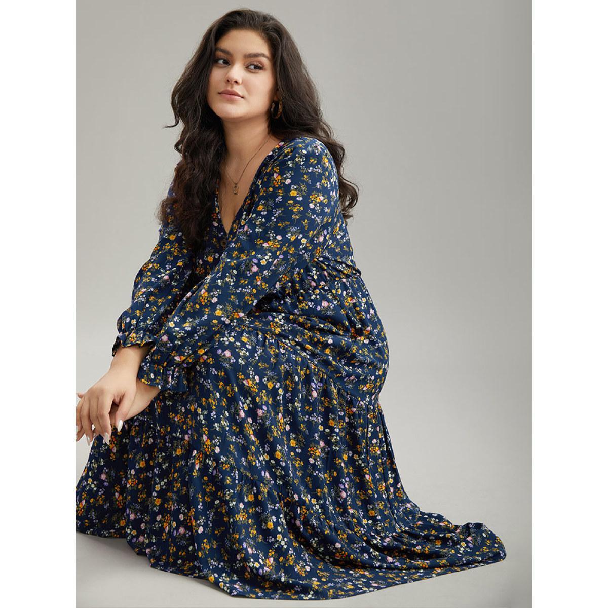 Plus Size Ditsy Floral Button Detail Ruffles Pocket Dress Navy Women Office Printed V-neck Long Sleeve Curvy Midi Dress BloomChic 28/5X Product Image