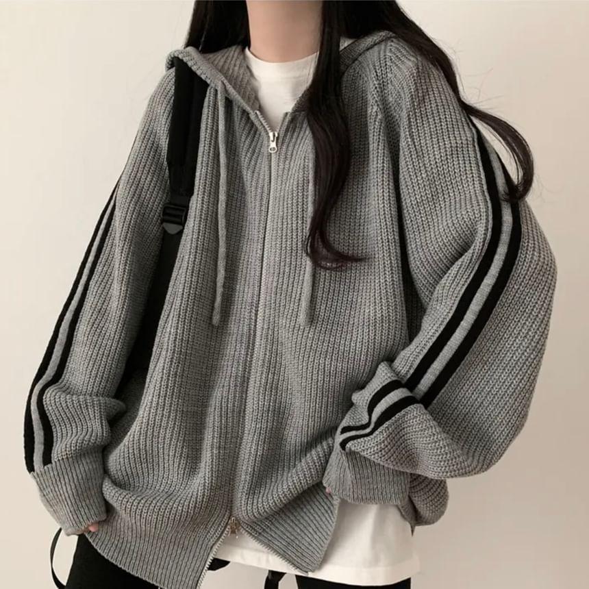Striped Hooded Oversized Zip Cardigan Product Image