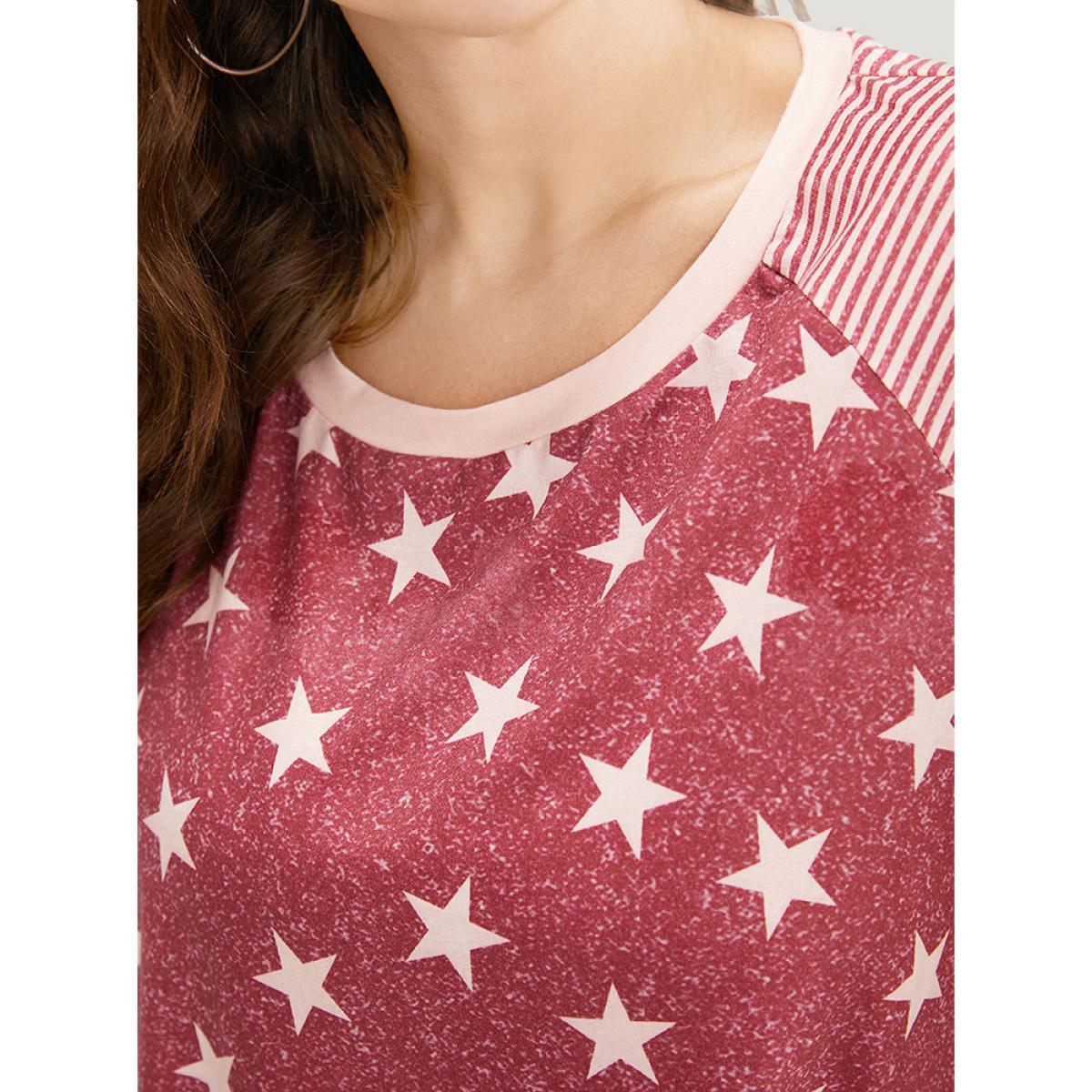 Plus Size Star Patchwork Striped Raglan Sleeve T-shirt Russet Women Casual Moon and Star Round Neck Dailywear T-shirts BloomChic 18-20/2X Product Image