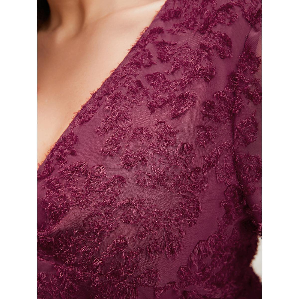 Plus Size Burgundy Floral Textured Mesh Lantern Sleeve Twist Front Blouse Women Glamour Long Sleeve V-neck Going out Blouses BloomChic 30/6X Product Image