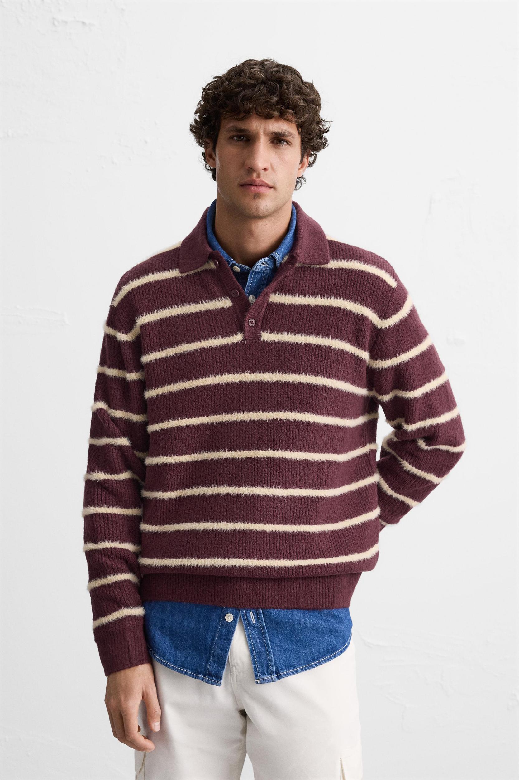 STRIPED TEXTURED KNIT POLO SHIRT Product Image