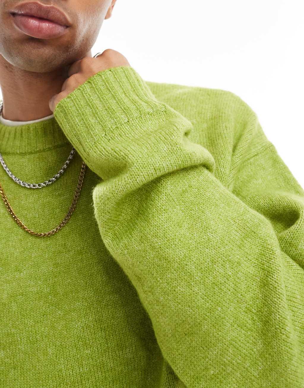 Jack & Jones oversized fluffy crew neck sweater in lime green Product Image