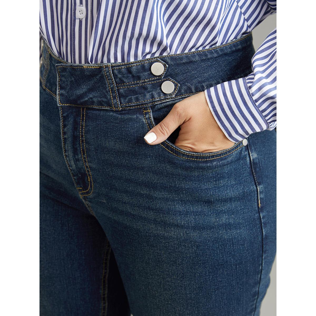 Plus Size Dark Wash Full Length Button Detail Jeans Women Indigo Casual Plain Plain High stretch Pocket Jeans BloomChic 30/6X Product Image