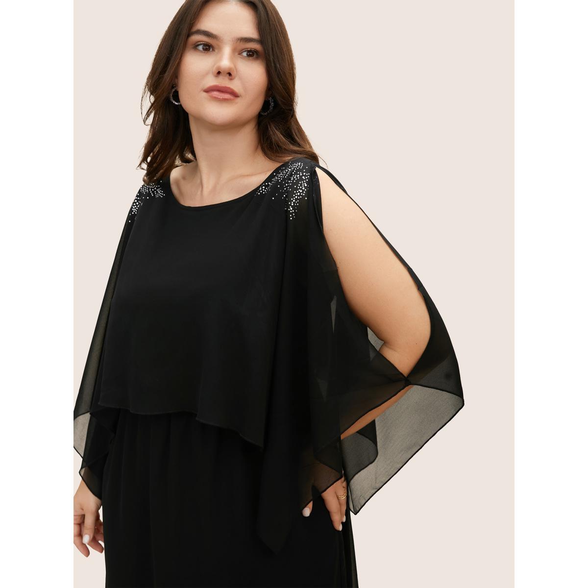 Plus Size Boat Neck Rhinestone Detail Dolman Sleeve Maxi Dress Black Women Cocktail Rhinestone detailing Boat Neck Long Sleeve Curvy BloomChic 10/M Product Image