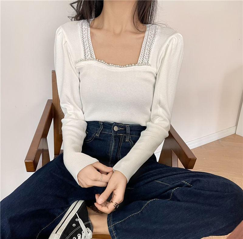 Long Sleeve Square Neck Plain Lace Trimmed Crop Top Product Image