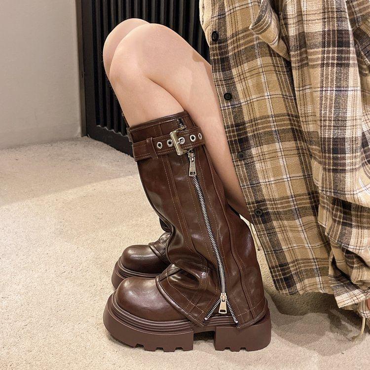Platform Buckled Panel Zip Knee High Boots Product Image