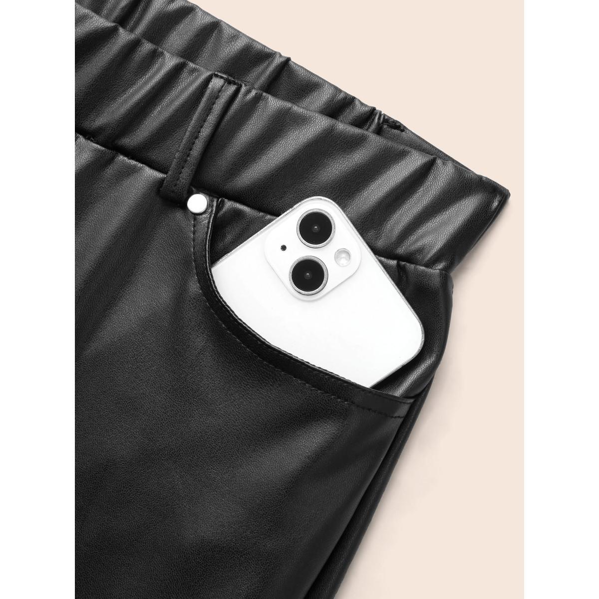 Plus Size PU Leather Button Detail Mid Rise Pants Women Black Casual Skinny Mid Rise Everyday Pants BloomChic 28/5X Product Image