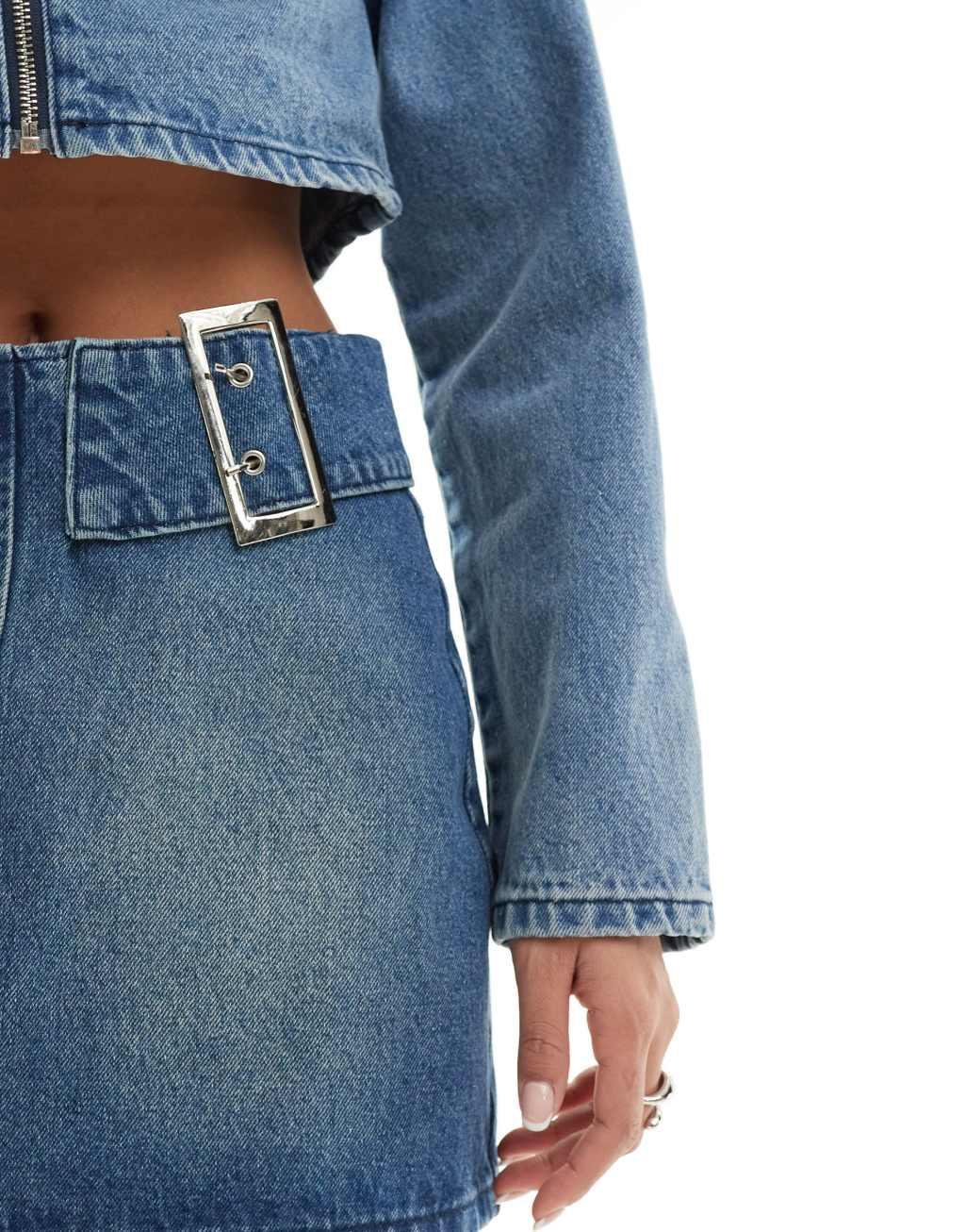 Simmi denim mini skirt with dual buckle detail in mid wash blue - part of a set Product Image