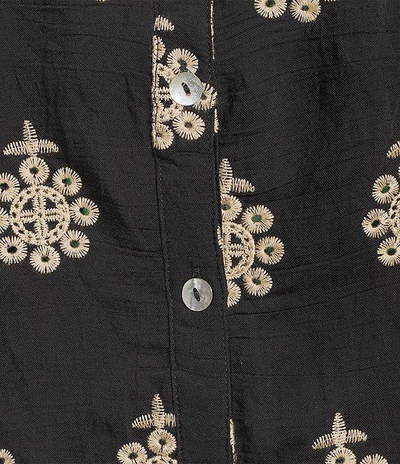 Calessa Embroidered Medallion Split V-Neck Wrist Sleeve Button Front Tunic Product Image