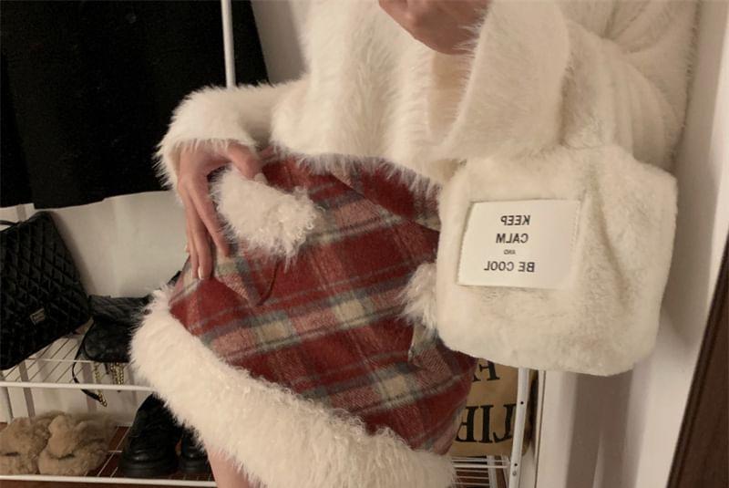 High Rise Plaid Fluffy Trim Mini A-Line Skirt Product Image