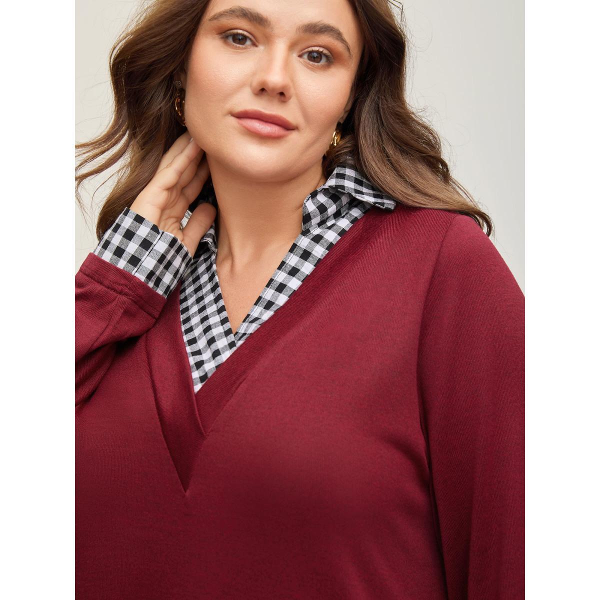 Plus Size Gingham Patchwork Shirt Collar Arc Hem Sweatshirt Women Scarlet Casual Patchwork V-neck Everyday Sweatshirts BloomChic 22-24/3X Product Image