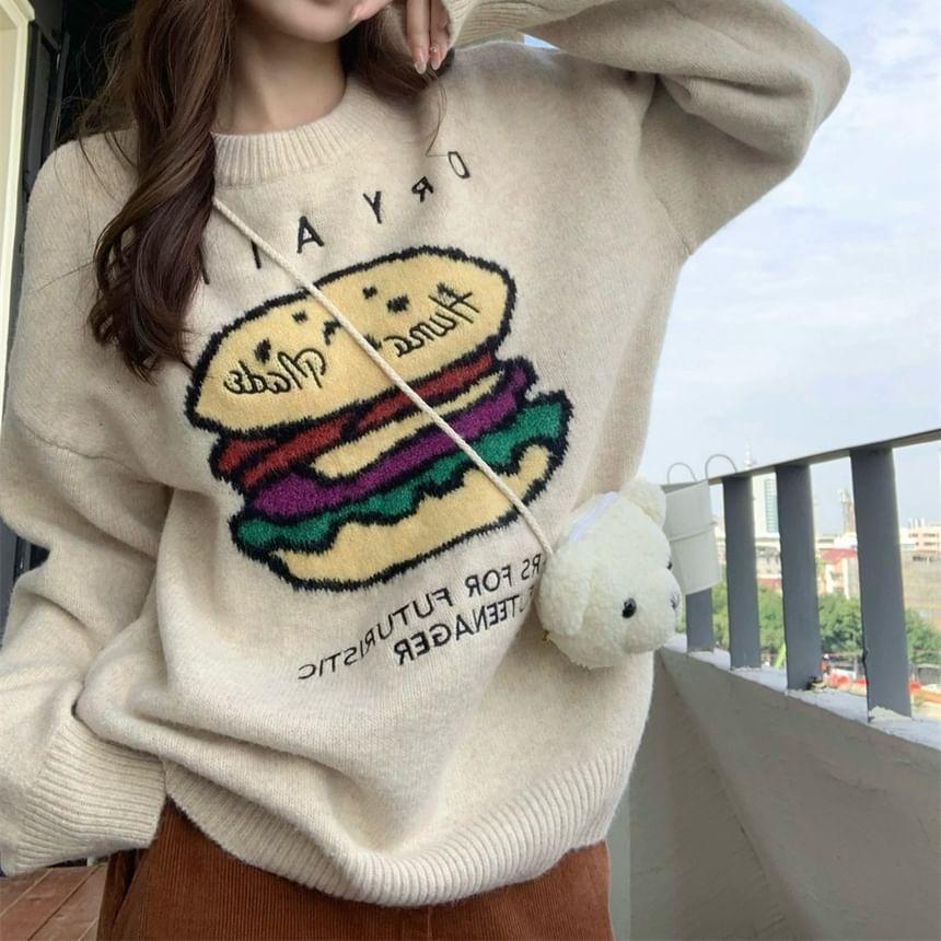 Crew Neck Hamburger Patterned Lettering Embroidered Sweater Product Image