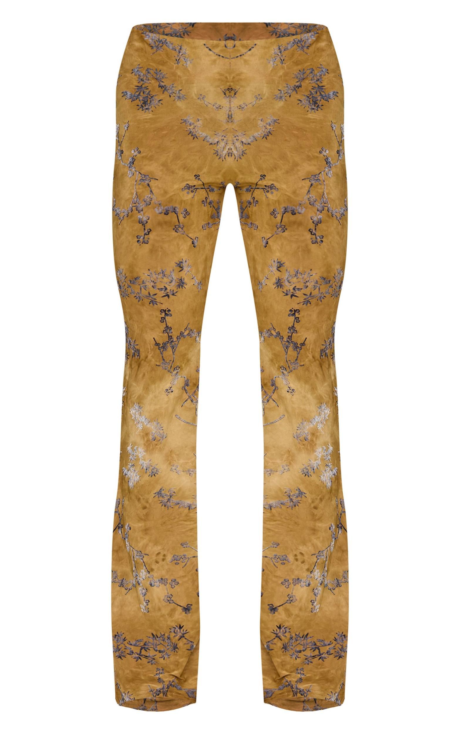 Olive Floral Print Devore Slim Flare Pants Product Image