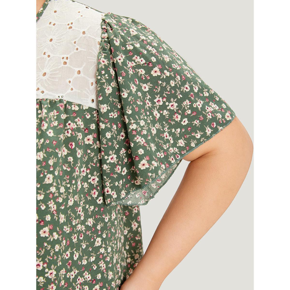 Plus Size ArmyGreen Ditsy Floral Patchwork Tassels Ties Flutter Sleeve Blouse Women Elegant Short sleeve V-neck Dailywear Blouses BloomChic 22-24/3X Product Image