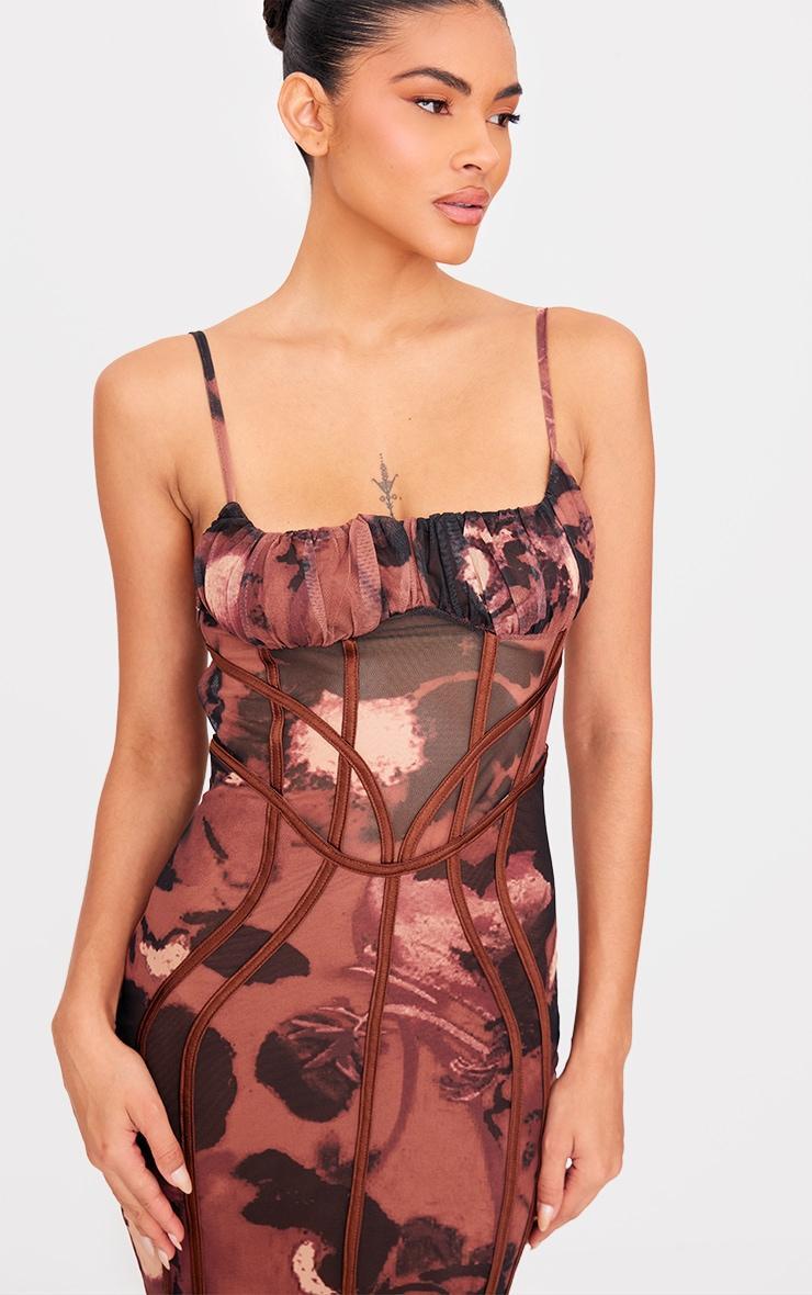 Chocolate Floral Print Mesh Binding Detail Midaxi Dress Product Image