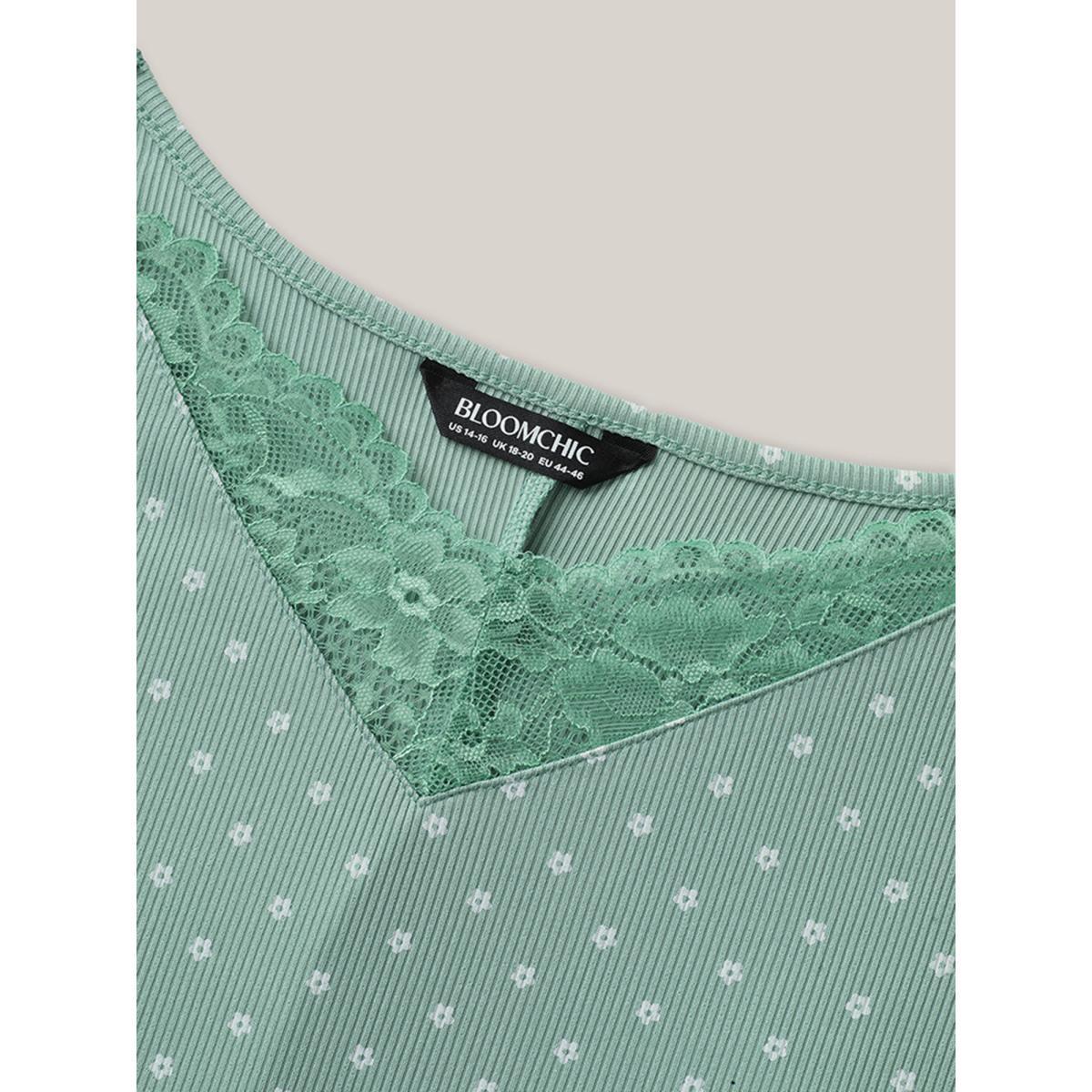 Plus Size Lace Neck Polka Dots Textured Loungewear Women Greenbean V-neck Loungewear BloomChic 26/4X Product Image