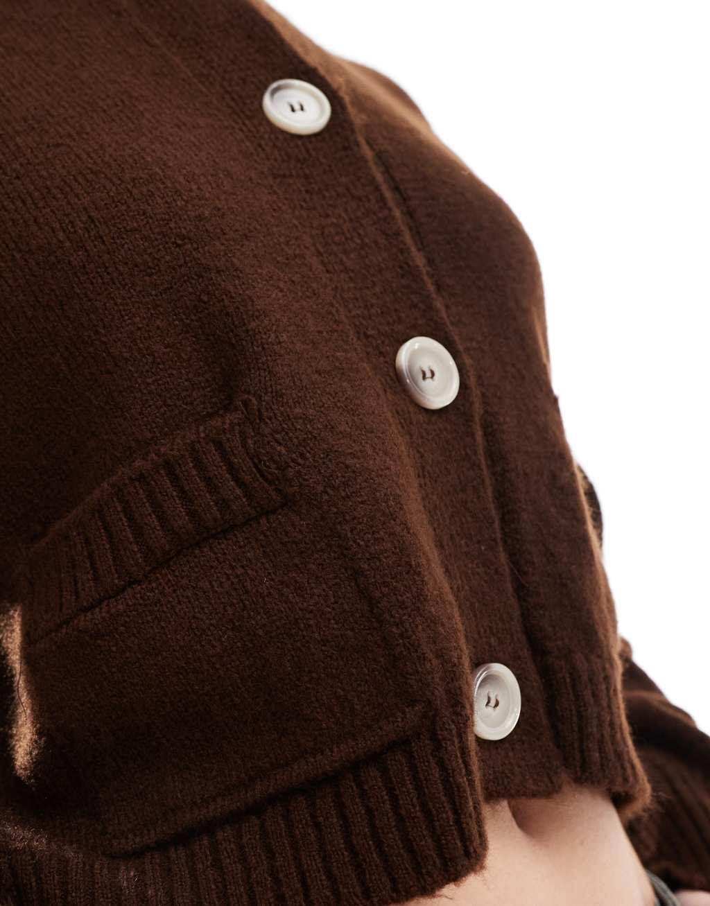 Miss Selfridge seam detail crew neck boxy cardigan in chocolate Product Image