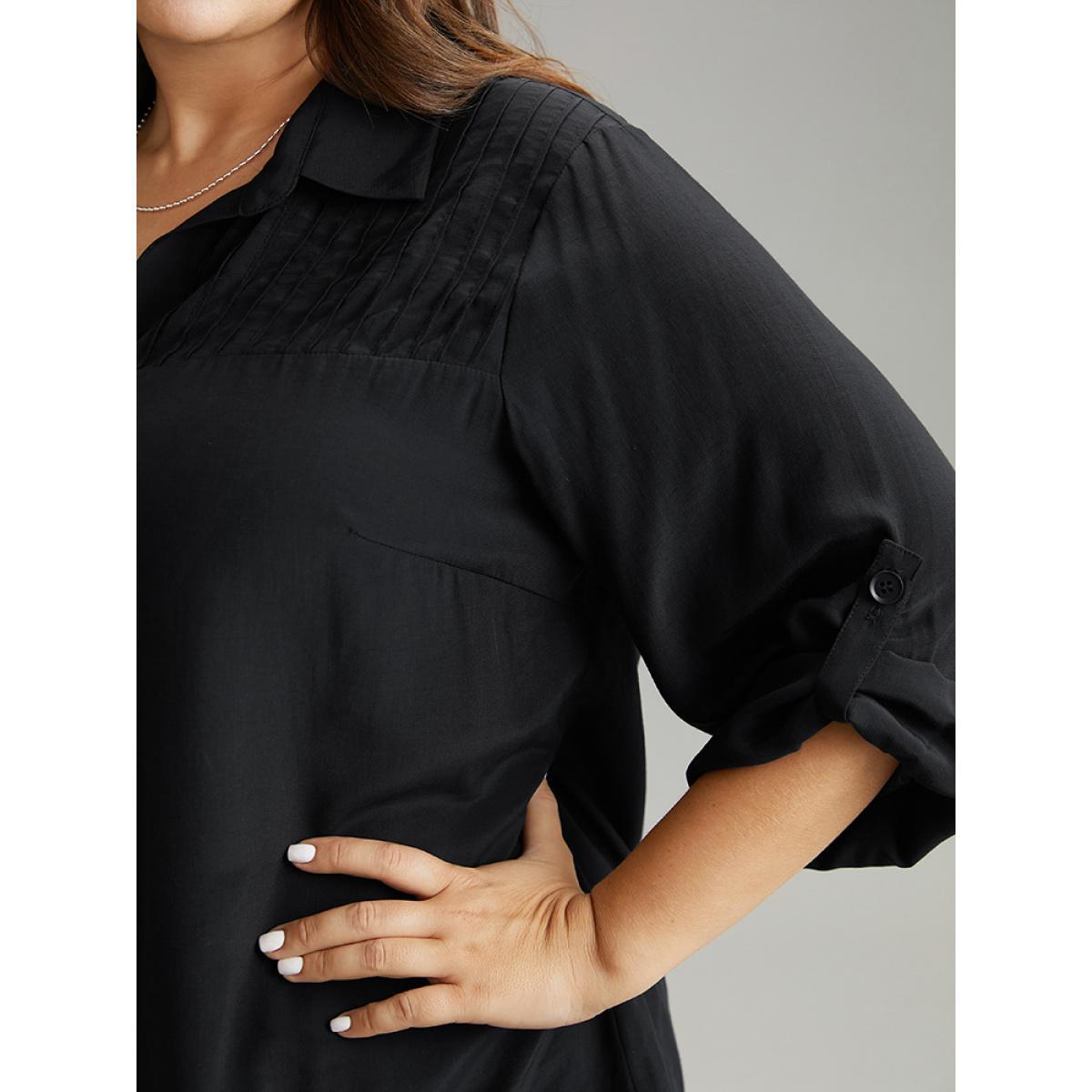 Plus Size Black Solid Button Through Roll Tab Sleeve Blouse Women Office Long Sleeve Shirt collar Work Blouses BloomChic 10/M Product Image