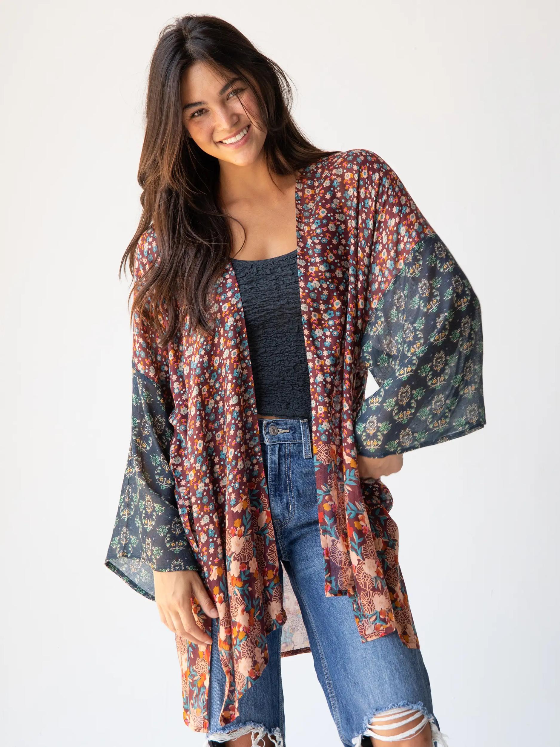Sierra Mixed Print Kimono - Brown Teal Floral Product Image