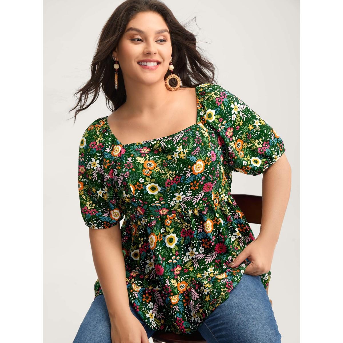 Plus Size Indigo Floral Square Neck Fit and Flare Blouse Women Short sleeve Square Neck Vacation Blouses BloomChic 30/6X Product Image