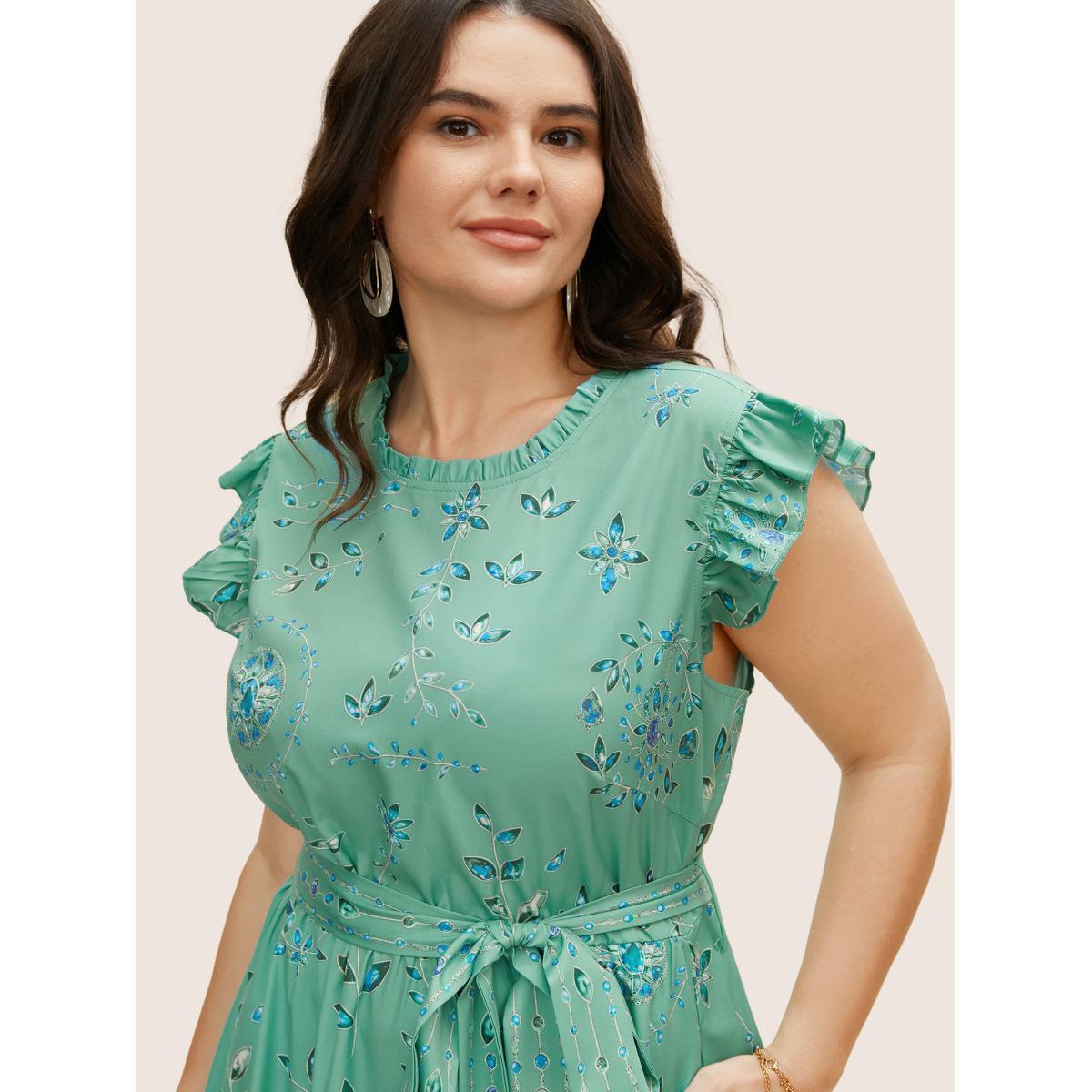 Plus Size Mock Neck Floral Ruffle Cap Sleeve Dress Palemauve Women Elegant Belted Mock Neck Cap Sleeve Curvy BloomChic 28/5X Product Image