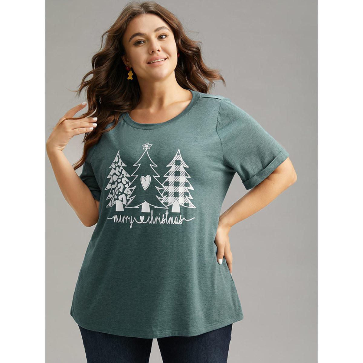Plus Size Christmas Trees Print Cuffed Sleeve T-shirt DarkGreen Women Casual Printed Christmas Festival-Christmas T-shirts BloomChic 30/6X Product Image