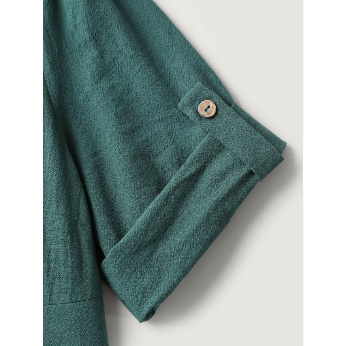 Plus Size Pure Cotton Button Gathered Sleeve Midi Dress Teal Women Gathered V-neck Elbow-length sleeve Curvy BloomChic 30/6X Product Image