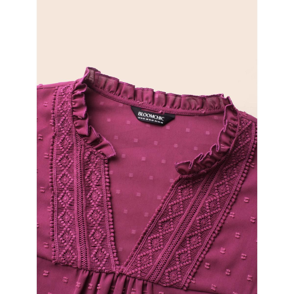 Plus Size RedViolet Texture Woven Ribbon Patchwork Ruffles Blouse Women Elegant Long Sleeve Flat collar with V-notch Everyday Blouses BloomChic 26/4X Product Image
