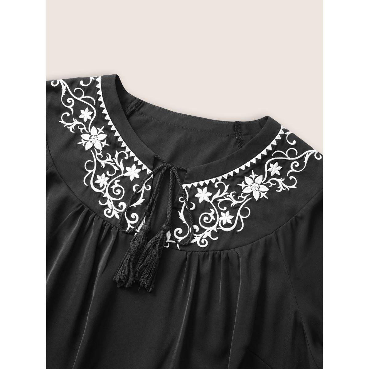 Plus Size Black Boho Print Tie Neck Tassels Lantern Sleeve Blouse Women Casual Long Sleeve Tie Neck Vacation Blouses BloomChic 18-20/2X Product Image